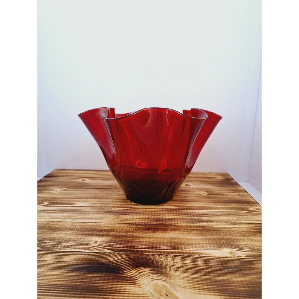 Vintage Ruby Red Footed Ruffled Glass Candy - Fruit Dish‎ 5.5
